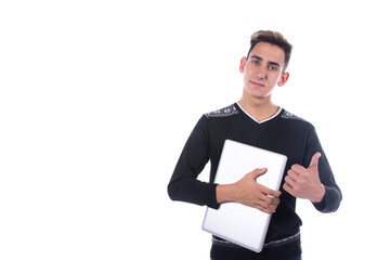 Attractive student. Books and laptop. White background.