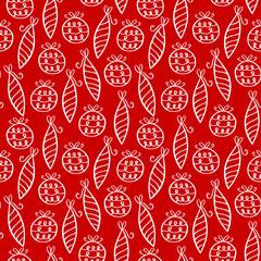 Christmas Ornament seamless pattern. Cute red and white New Year doodles. Hand drawn Christmas balls background for holiday design. EPS 8