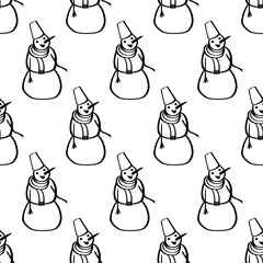 Doodle snowman seamless pattern. Christmas and New Year background with snowmen. Holiday hand drawn wallpaper. EPS 8