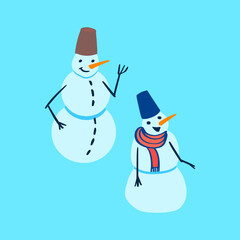 Two vector snowmen on blue background. Holiday blue illustration. EPS 8