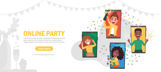Online party website template landing page. Happy friends at their home celebrating virtual birthday or new year via video call via phone during covid19 quarantine. Vector flat cartoon illustration