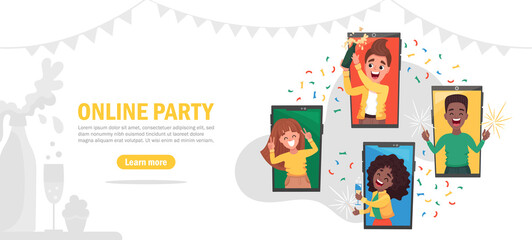 Fototapeta premium Online party website template landing page. Happy friends at their home celebrating virtual birthday or new year via video call via phone during covid19 quarantine. Vector flat cartoon illustration