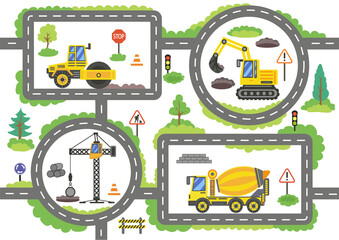 Childrens wallpaper of the road with construction vehicles. Childrens board game. Drawing for childrens room. Kids wall decal construction cars. Background for gaming childish car. Vector illustration © Betswork