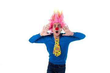 Young funny clown. Weekends and vacations. White background.