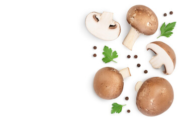 Royal Brown champignon with leaf parsley isolated on white background with clipping path. Top view with copy space for your text. Flat lay