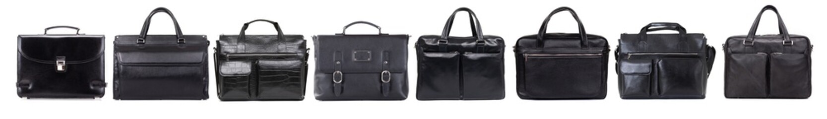 collage of 8 men's business accessory, stylish business designer briefcase - handmade genuine leather bag