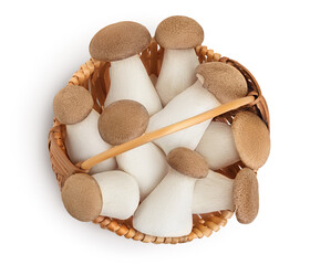 King Oyster mushroom or Eringi in wicker basket isolated on white background with clipping path....