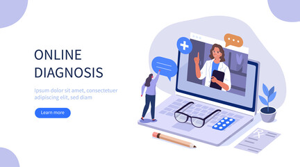 Woman Chatting Online on Medical Internet Portal. Patient having Online Consultation with Doctor. Modern Health Care Services and Online Telemedicine Concept. Flat Isometric Vector Illustration. 
