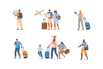 Fototapeta na wymiar People Characters with Bags, Suitcases and Backpack at the Airport hurry up for Departure. Travelling Girls, Boys, Family and Couple. Vacation and Tourism Concept. Flat Cartoon Vector Illustration.