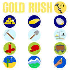 Gold rush - set of round icons in flat style for searching and hunting for gold vector on white background isolated