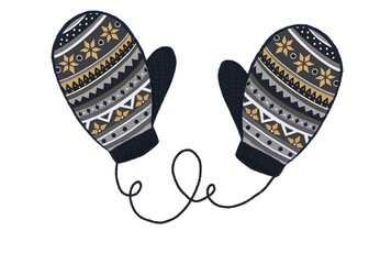 Illustration of knitted mittens with different textures and patterns. Beautiful postcard with gloves on isolated white background. Winter holiday. New year and Christmas.