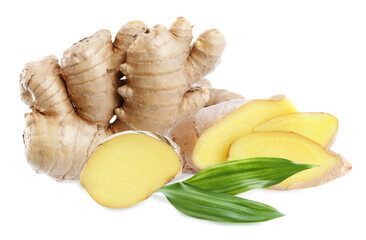 Aromatic fresh ginger with green leaves on white background