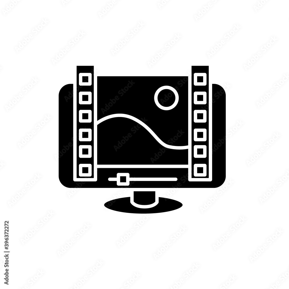 Poster video player frame glyph icon.media player interface filled flat sign with control panel and bar for