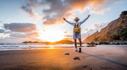 Happy and successful man raising arms up on the beach at sunset - Mental health, success, happiness...