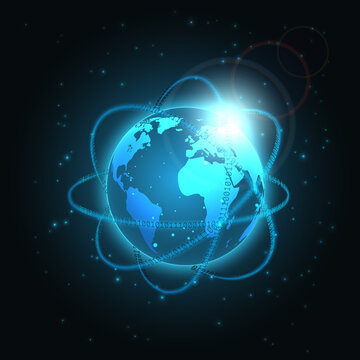 Matrix binary around planet. Digital binary data with glowing, blurry neon lines. Technology background with digits 1.0. and globe.