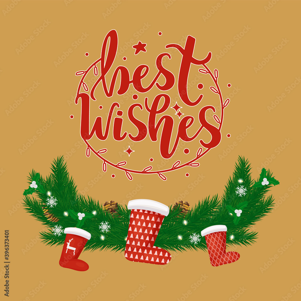 Poster holidays greeting card best wishes on red pattern. pine branches and cones with snowflakes and santa