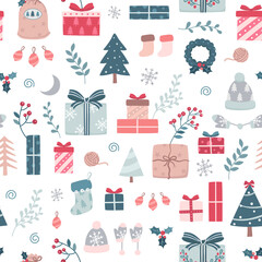 Seamless surface repeat vector pattern with red, green and blue presents and Christmas trees on a white background