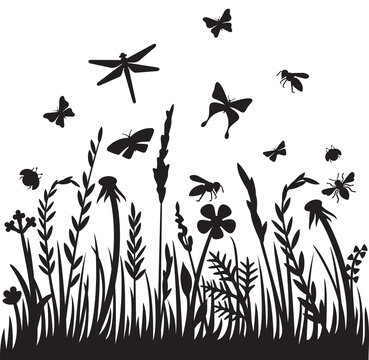 Grass silhouette and flying insects (dragonfly, bee, butterfly, ladybug). Flowers and plants vector illustration.