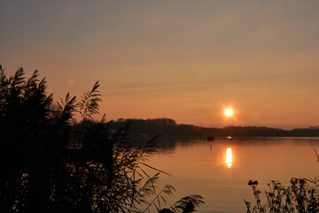 Obraz premium sunset over the lake, autumn sun. water with trees, fall