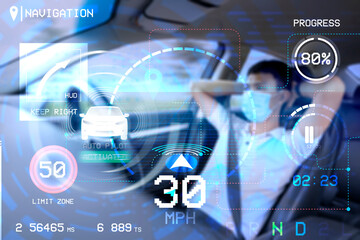 Auto pilot cruise mode self-driving car while sleeping taking rest, HUD Head Up Display and digital instruments panel autonomous user interface navigation utility screen smart technology businessman