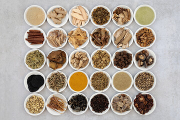 Large collection of traditional chinese fundamental herbs used regularly in herbal medicine in white china bowls on mottled grey background. Flat lay.