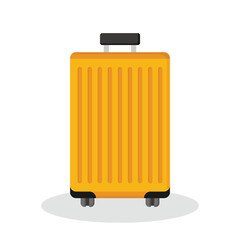 Yellow suitcase on wheels flat icon for illustration. Lazy, winter trip to the beach, sea, vacation. Traveling by plane, train, car. Cartoon, comic book, 2d drawing.