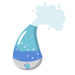 Humidifier device in blue color. Electronic gadget to moisture indoor air for healthy breathing. Health care equipment in flat isolated vector. Water, bubbles and steam. Household appliance.