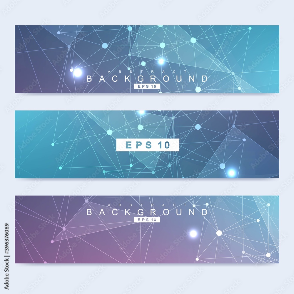 Poster scientific set of modern vector banners. dna molecule structure with connected lines and dots. scien