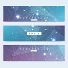 Scientific set of modern vector banners. DNA molecule structure with connected lines and dots. Scientific and technology concept. Wave flow graphic background for your design. Vector illustration.