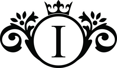 letter I. Vintage black flower ornament initial letters.  Alphabet. Logo vector 