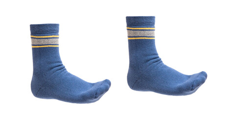 
A pair of blue socks on the leg