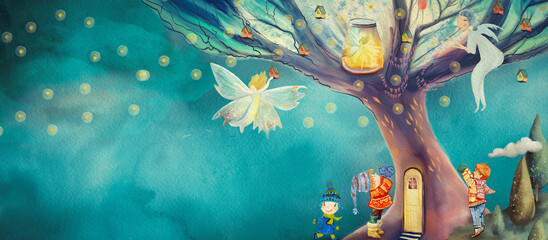 Magic Tree and children. Watercolor background for children