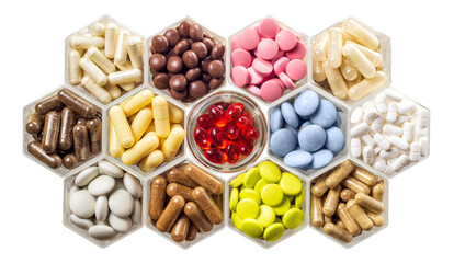 Medical capsules and pills in hexagonal jars isolated on white