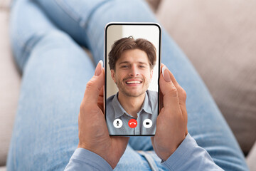 Girlfriend talking with boyfriend making video call on smartphone, collage