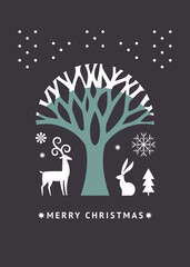 Fototapeta na wymiar Happy new 2021 year and Merry Christmas. Greeting card. Whimsical tree branches silhouette, rabbit and deer. Flat design style 