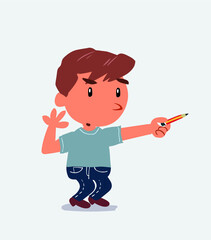 cartoon character of little boy on jeans doubts while pointing to the side with a pencil