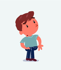 cartoon character of little boy on jeans looks with doubt and somewhat surprised.