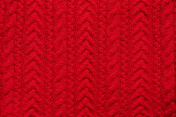 Red Knitted Textured Sweater Background With Pattern. Wallpaper Template. Folded Sweater Or Scarf