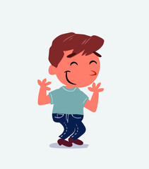  cartoon character of little boy on jeans shrinks somewhat shy