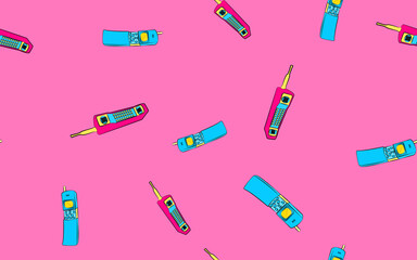 Texture, seamless pattern poster of old retro vintage multicolored antique analog hipster cellular mobile phone sliders with physical buttons and large long antenna. illustration