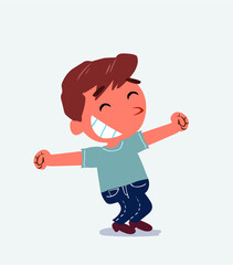 Euphoric little boy on jeans in funny cartoon character