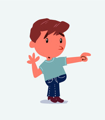 Surprised cartoon character of little boy on jeans points to something to his side