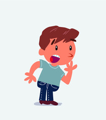 Unpleasantly surprised cartoon character of little boy on jeans looks to the side