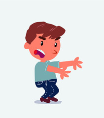  Very angry cartoon character of little boy on jeans pointing at something at side