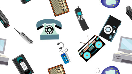 Texture, seamless pattern of old retro hipster electronics, mobile phones, tv recorder, player, audio tape, video recorder, game console, camera, computer. The background. illustration