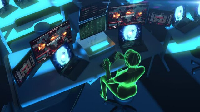 Female hacker breaching security system, hacking visualization, virtual reality. Hacking attack in progress