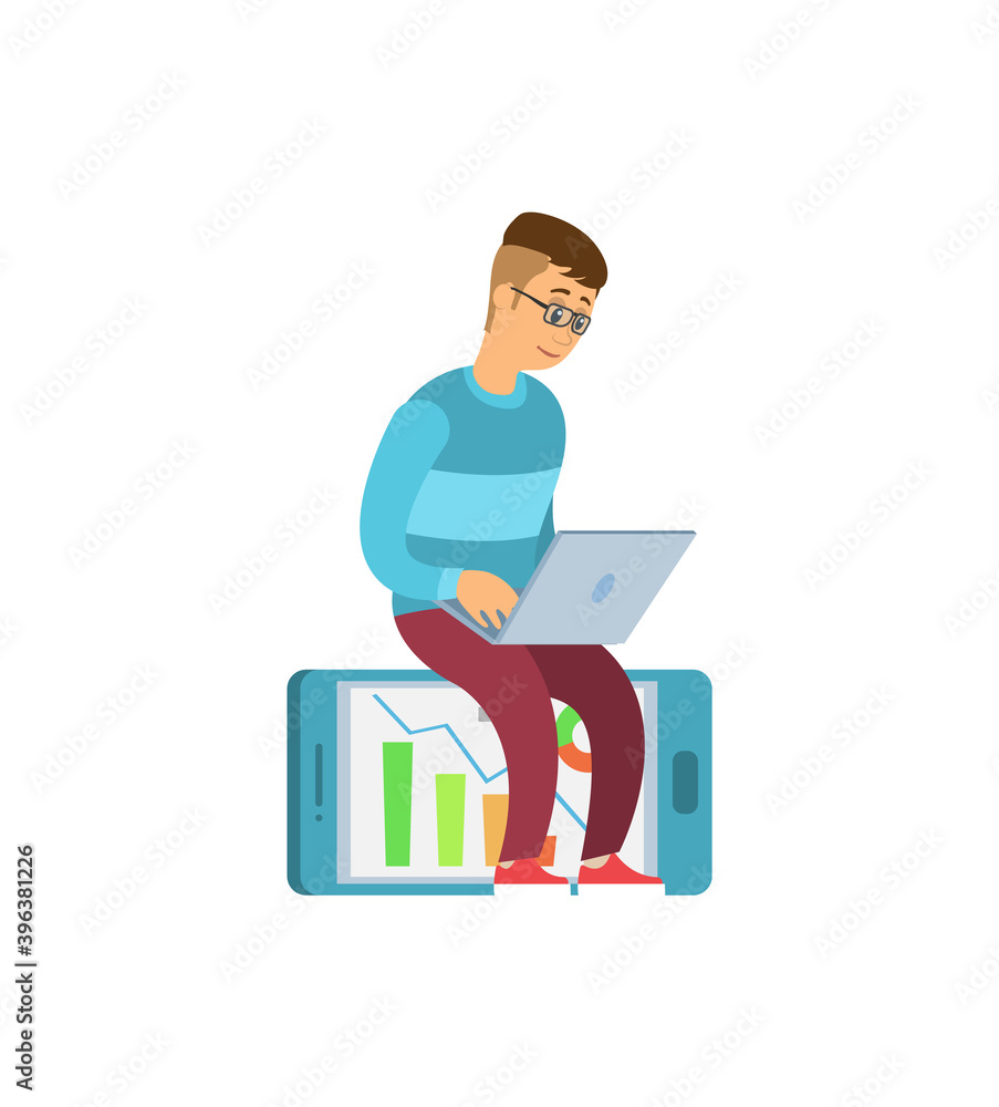 Aufkleber man sitting on smartphone with graphs and charts, typing on laptop vector isolated. freelancer in gl