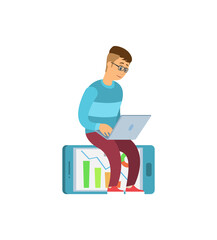 Fototapeta na wymiar Man sitting on smartphone with graphs and charts, typing on laptop vector isolated. Freelancer in glasses working in Internet, analyzing financial statistic