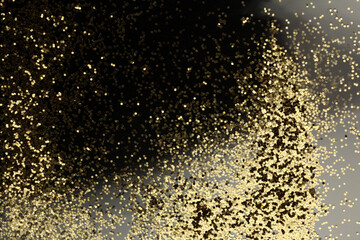 Fototapeta na wymiar Gold (bronze) glitter shine dots confetti on black. Abstract light blink sparkle vertical backgound.