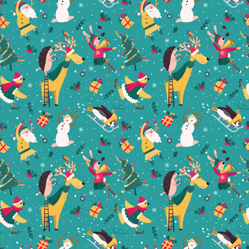 New Year Pattern with dancing Santa and Snowman. Fun Hare ia skiing. Bird with scarf and cap is skating. Seamless with pinguin, reindeer and hedgehog in Christmas decoration. Holiday set with animals